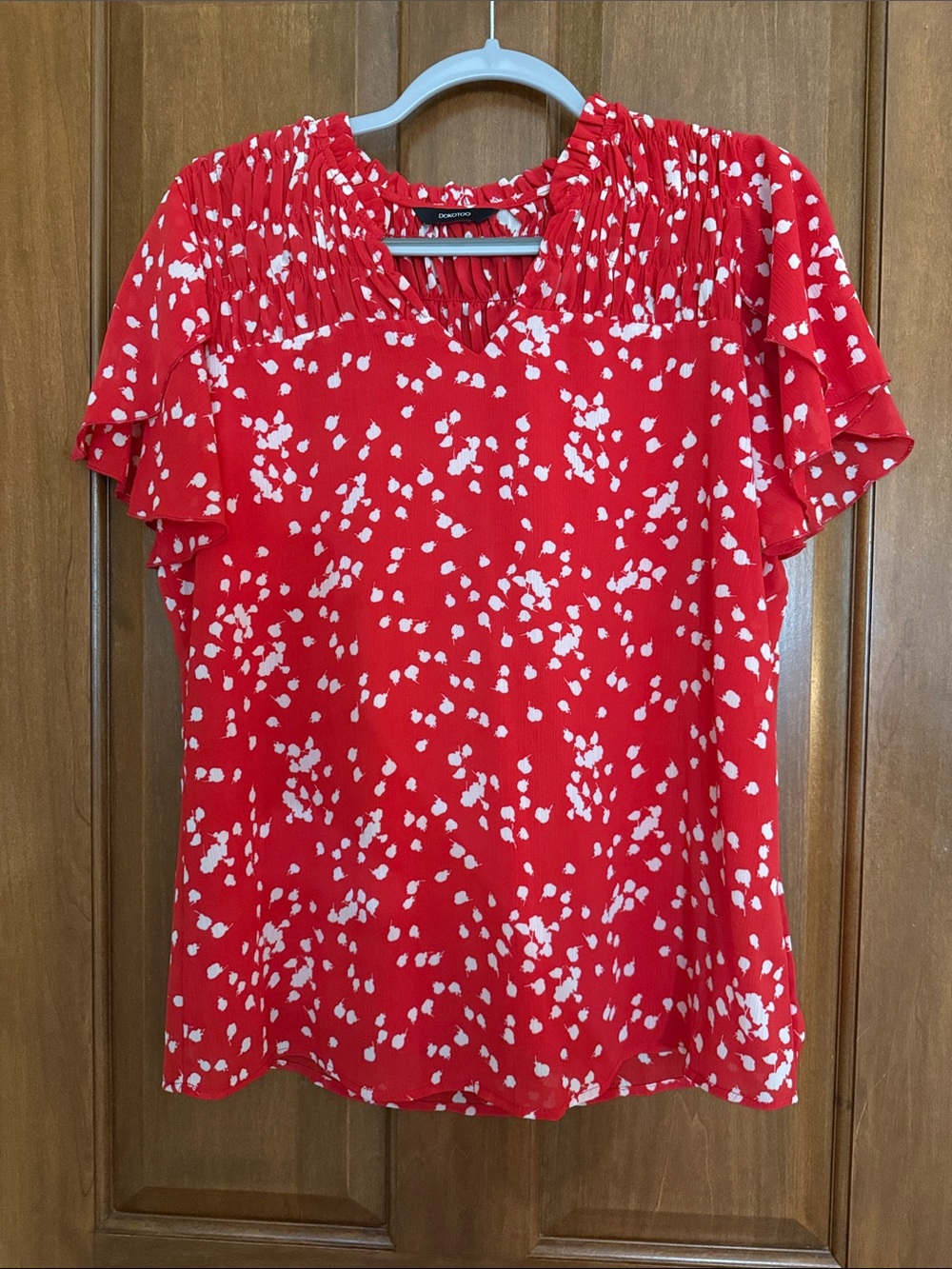Red Smocked-Neck Flutter Sleeve Top